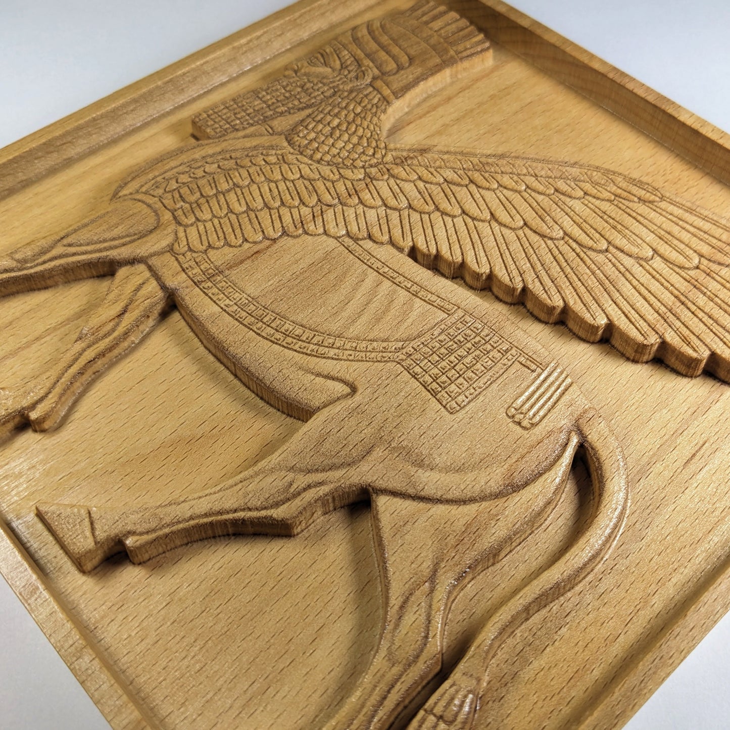 Lamassu Wall Art – Ancient Mesopotamian Winged Bull Guardian – 3D Wood Carving – Made in USA