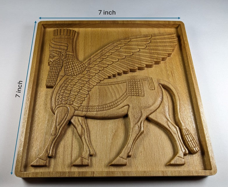 Lamassu Wall Art – Ancient Mesopotamian Winged Bull Guardian – 3D Wood Carving – Made in USA