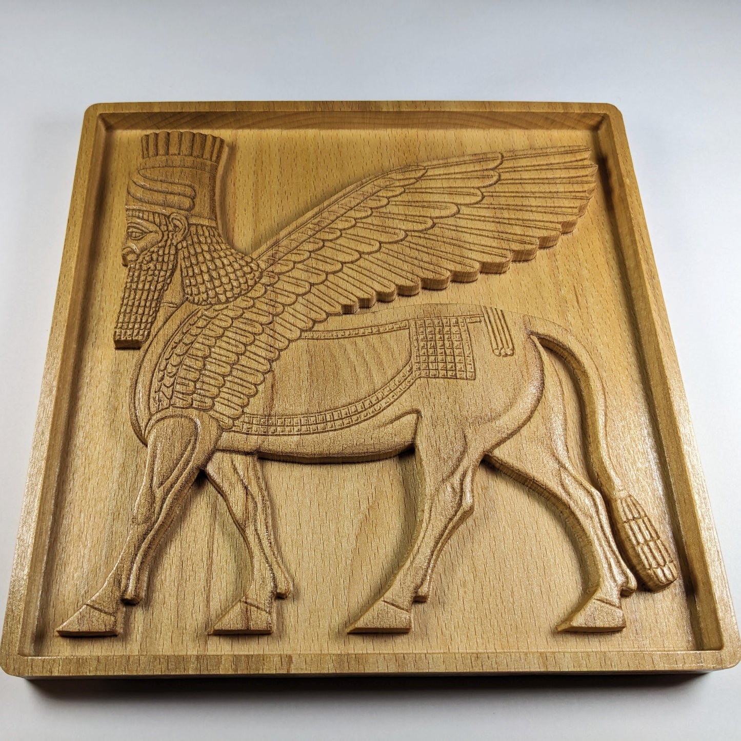 Lamassu Wall Art – Ancient Mesopotamian Winged Bull Guardian – 3D Wood Carving – Made in USA