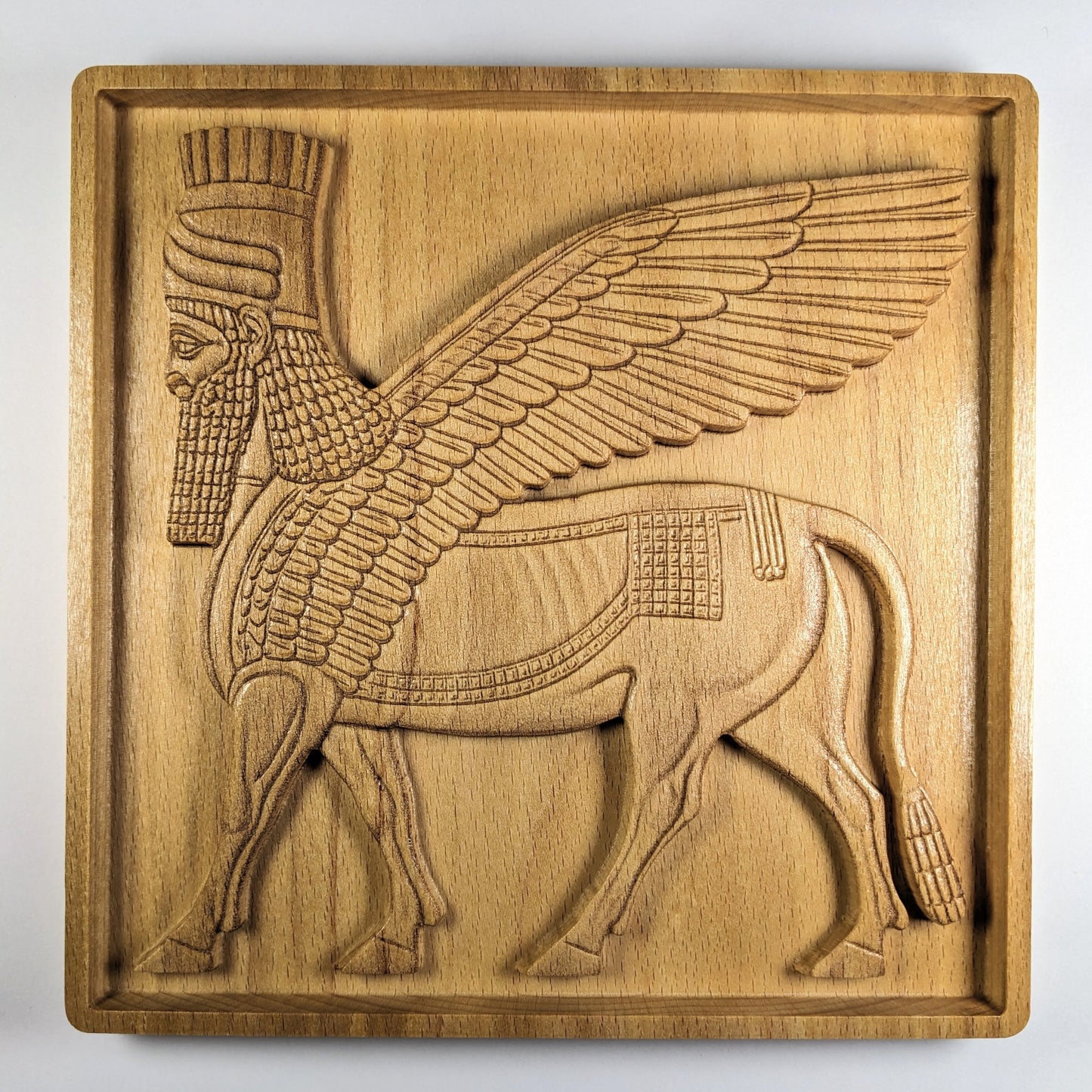 Lamassu Wall Art – Ancient Mesopotamian Winged Bull Guardian – 3D Wood Carving – Made in USA