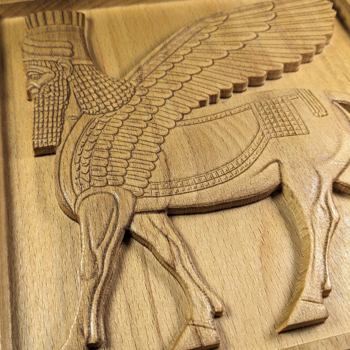 Lamassu Wall Art – Ancient Mesopotamian Winged Bull Guardian – 3D Wood Carving – Made in USA