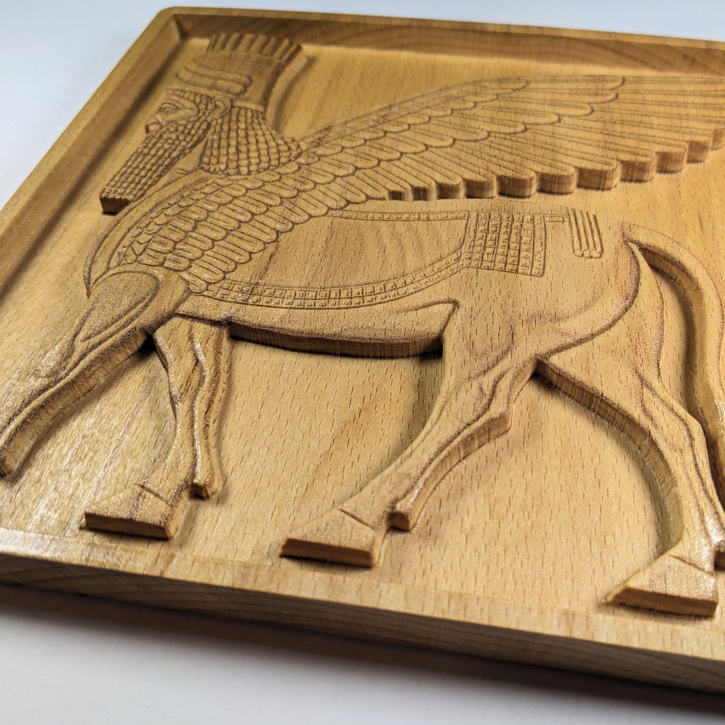 Lamassu Wall Art – Ancient Mesopotamian Winged Bull Guardian – 3D Wood Carving – Made in USA