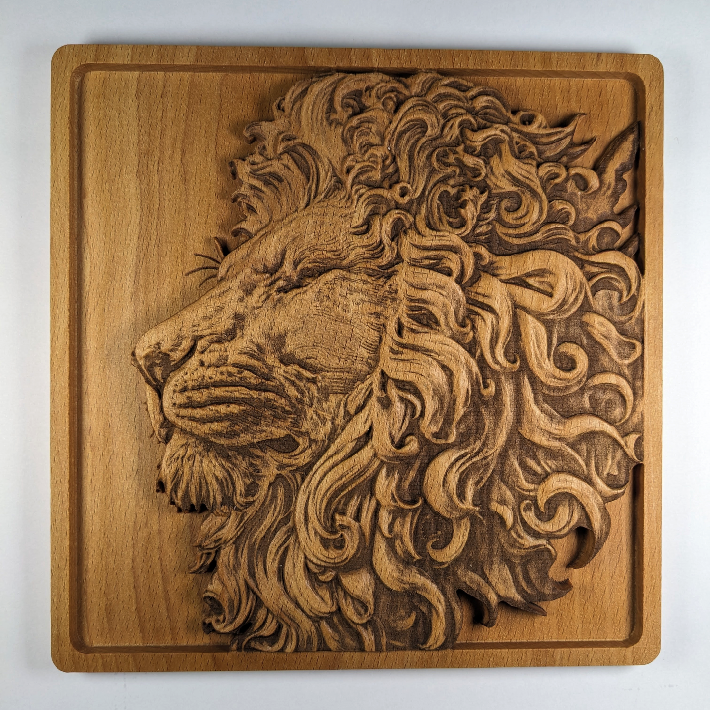 Majestic Lion Head 3D Wood Wall Art – Handmade Beech Relief – Nature-Inspired Home Decor – Made in USA