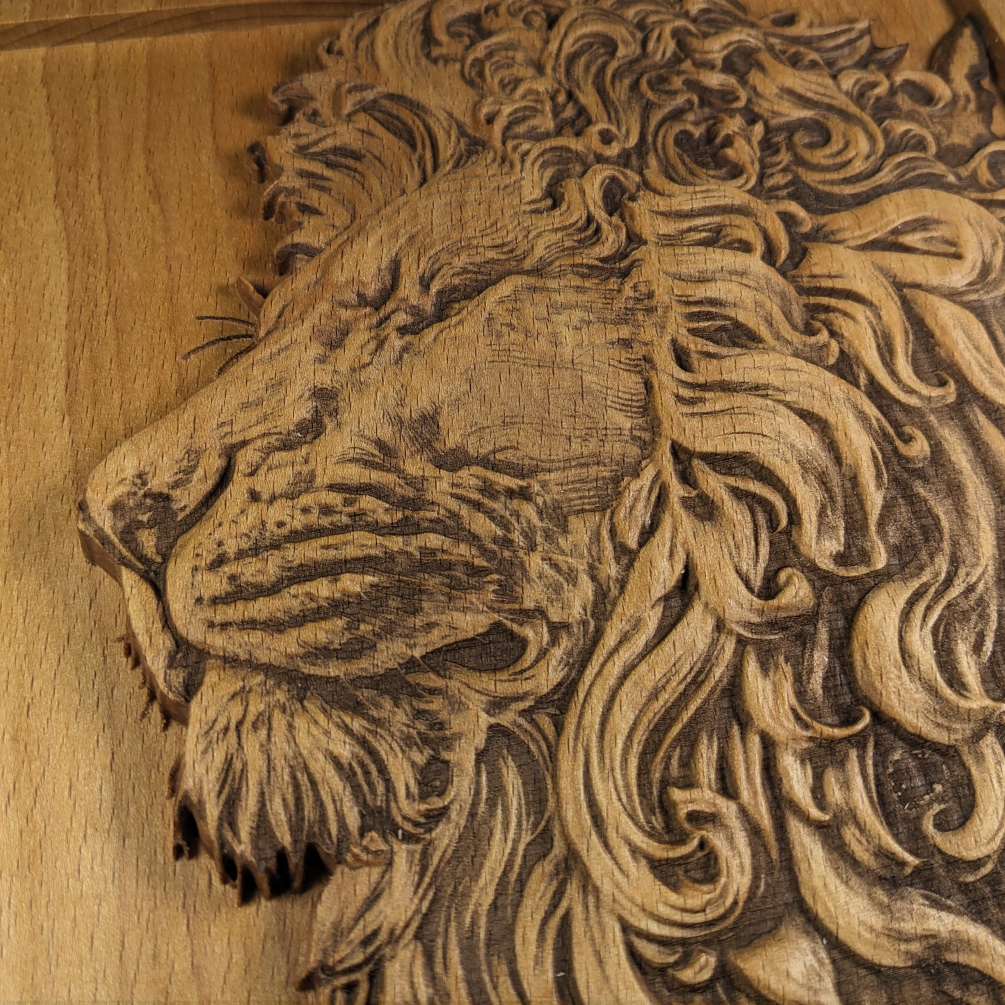 Majestic Lion Head 3D Wood Wall Art – Handmade Beech Relief – Nature-Inspired Home Decor – Made in USA