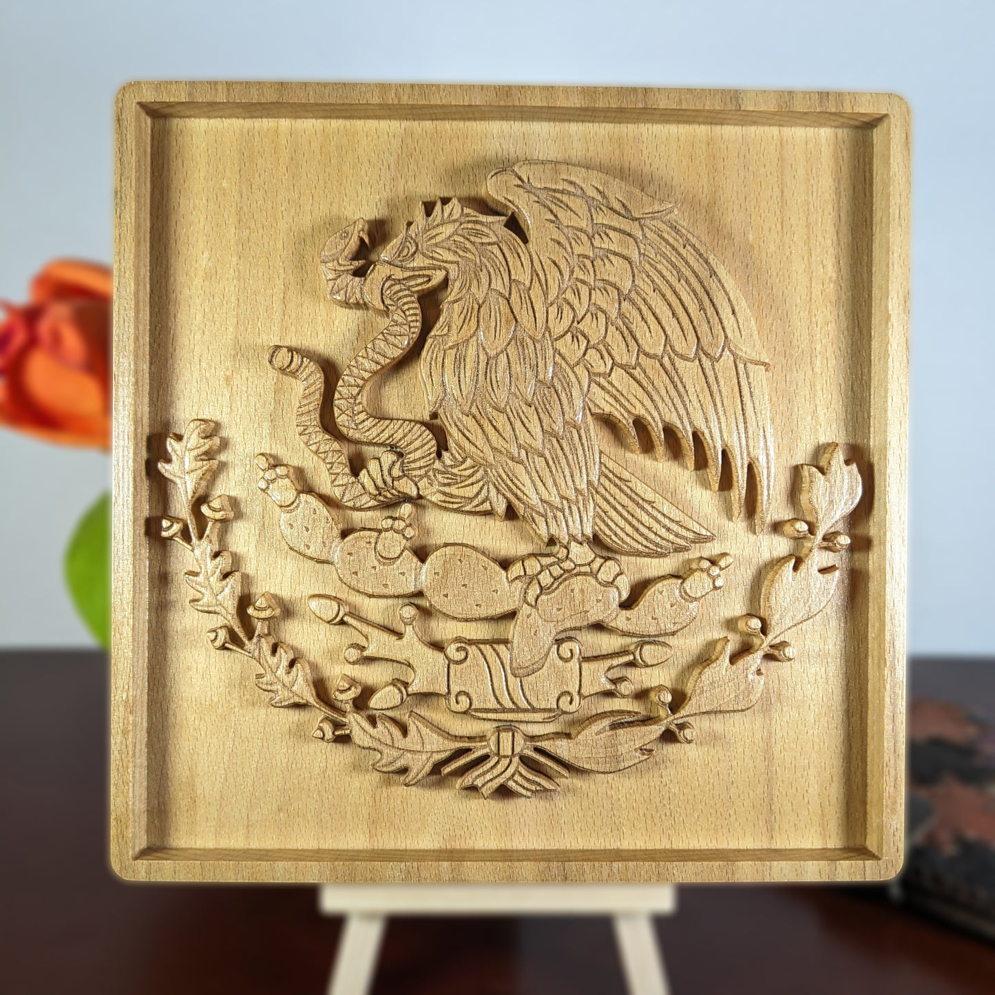 Mexican Coat of Arms 3D Wall Art – Engraved Wood Carving – Heritage Home Decor – Made in USA – Personalized Gift
