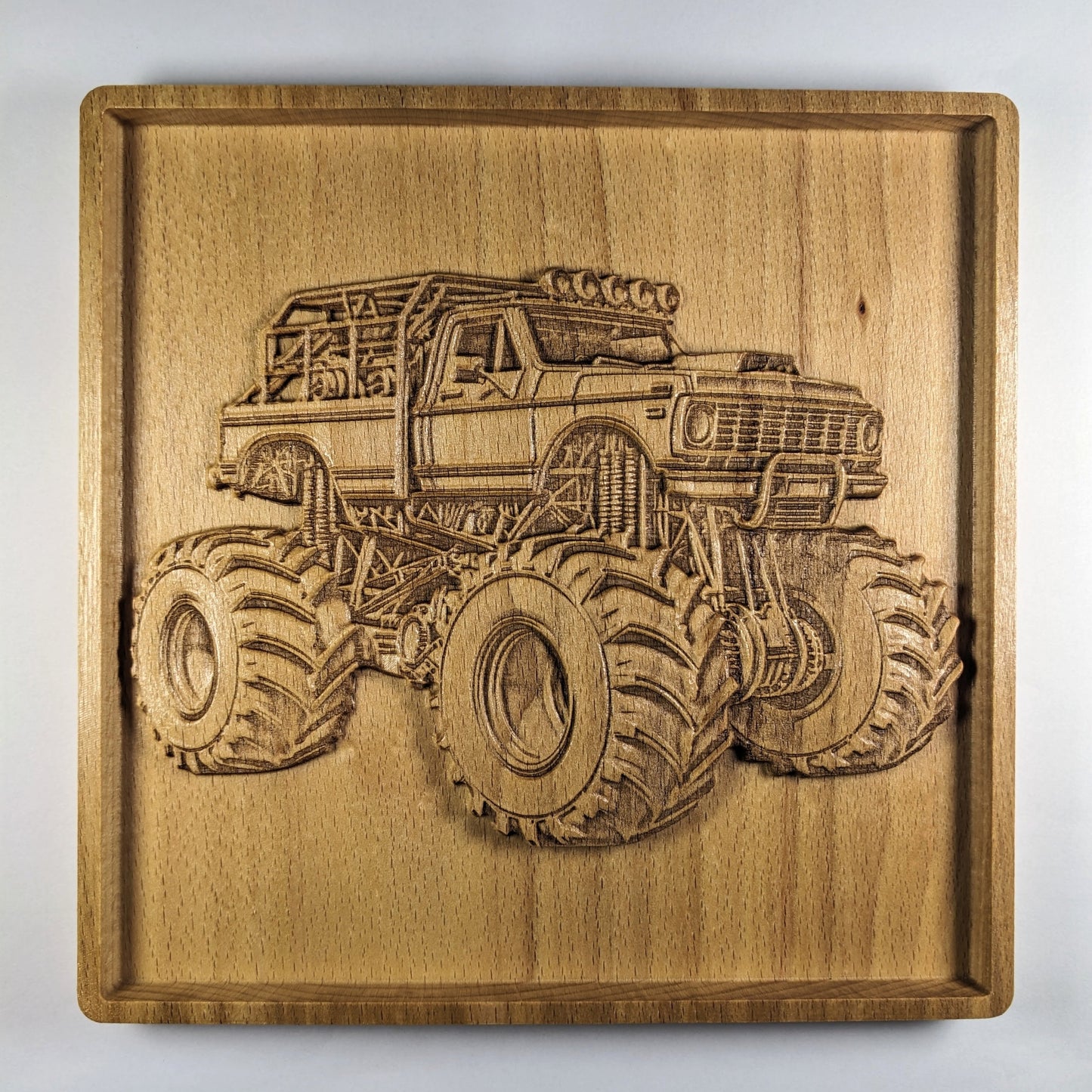 Monster Truck 3D Wooden Wall Art – Handmade Kids Room Decor – Beech Wood Carving – Made in USA