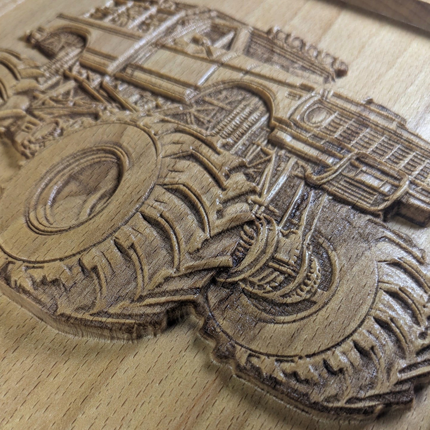 Monster Truck 3D Wooden Wall Art – Handmade Kids Room Decor – Beech Wood Carving – Made in USA