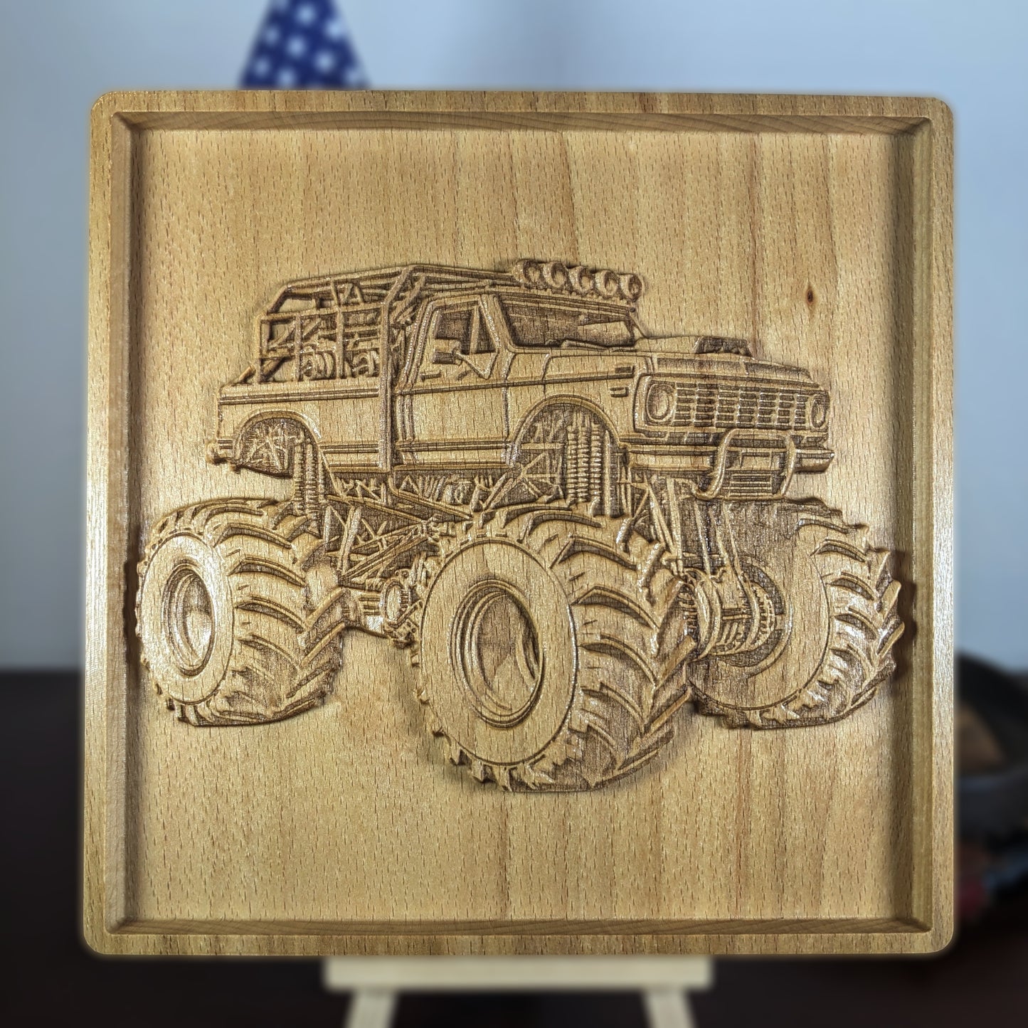 Monster Truck 3D Wooden Wall Art – Handmade Kids Room Decor – Beech Wood Carving – Made in USA