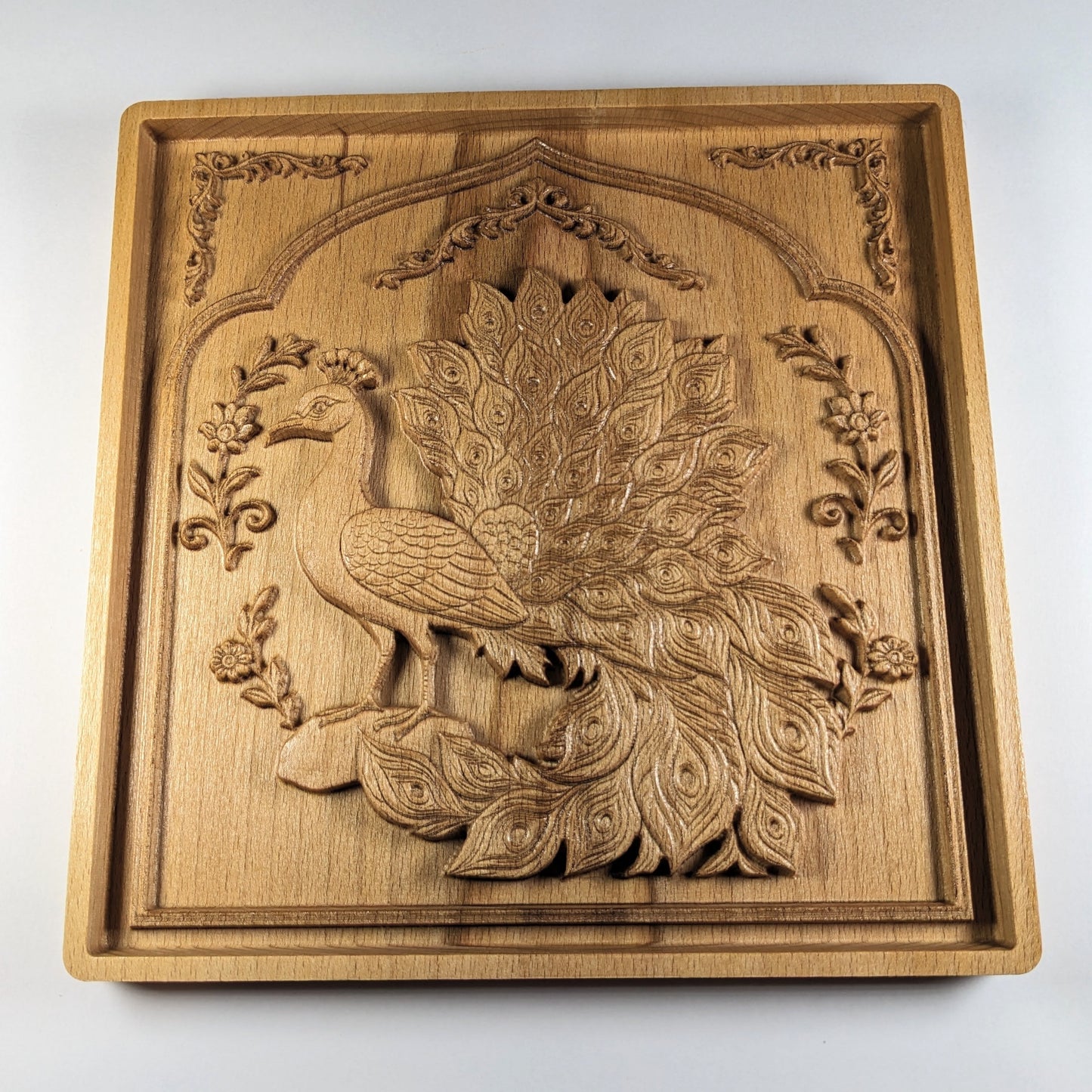 Persian Peacock 3D Wooden Wall Art – Handmade Beech Relief with Floral Frame Design – Made in USA