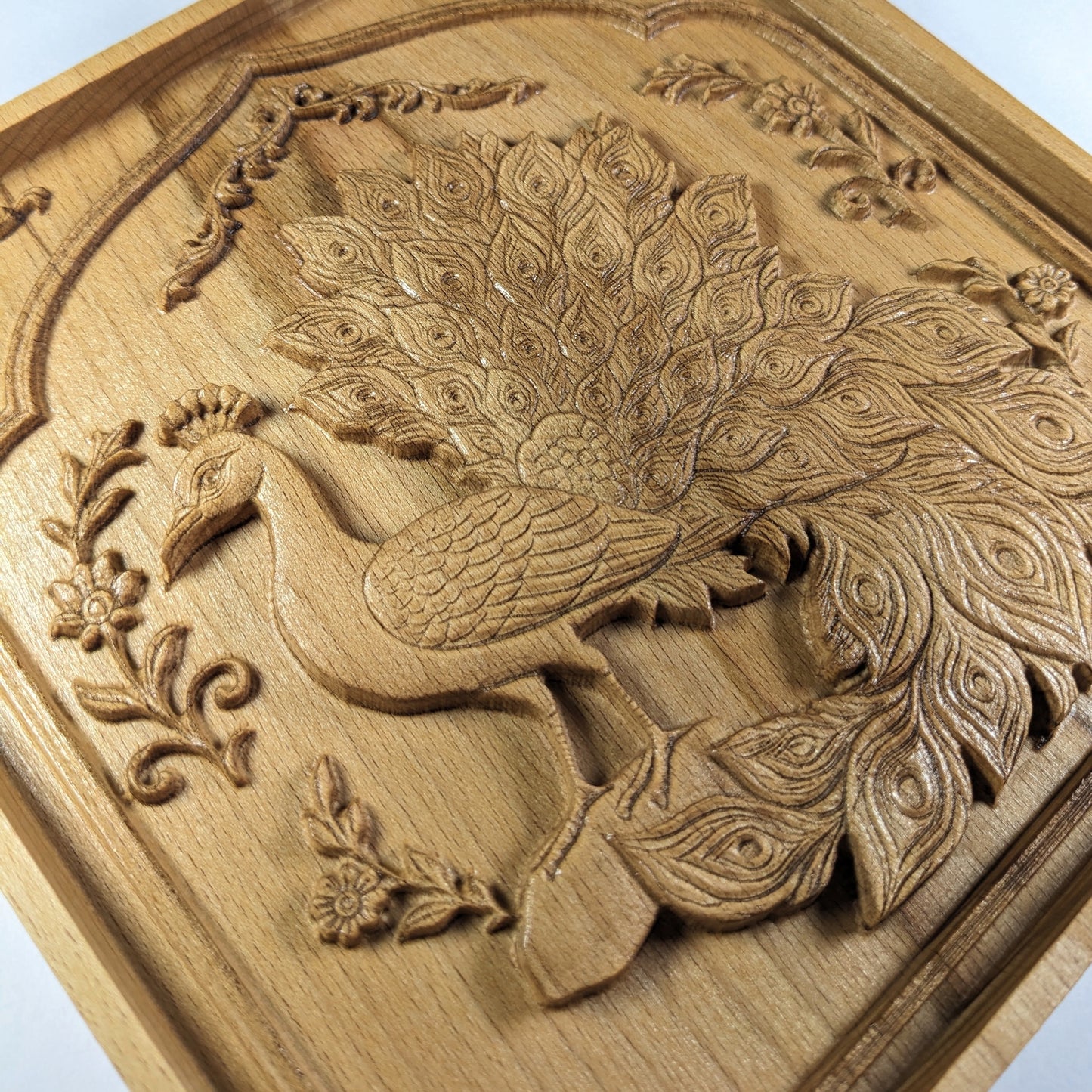 Persian Peacock 3D Wooden Wall Art – Handmade Beech Relief with Floral Frame Design – Made in USA