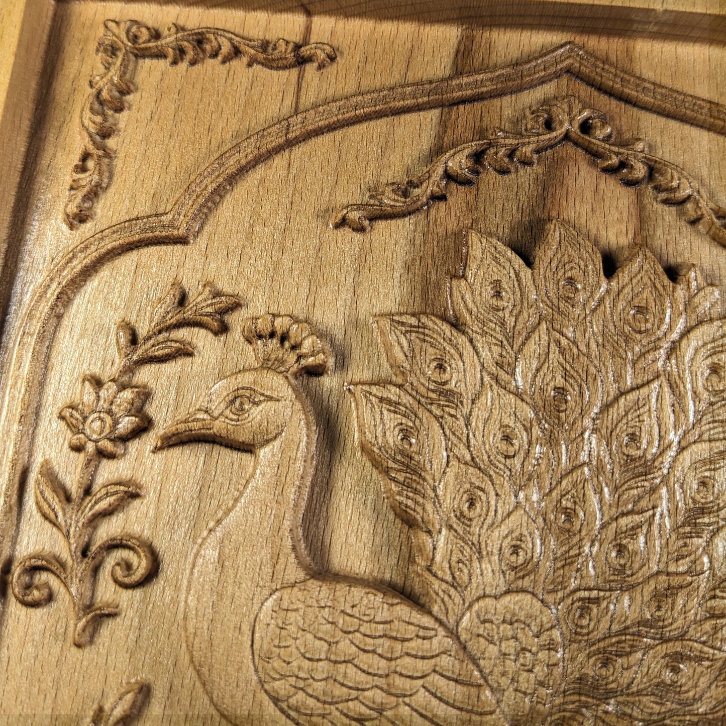 Persian Peacock 3D Wooden Wall Art – Handmade Beech Relief with Floral Frame Design – Made in USA