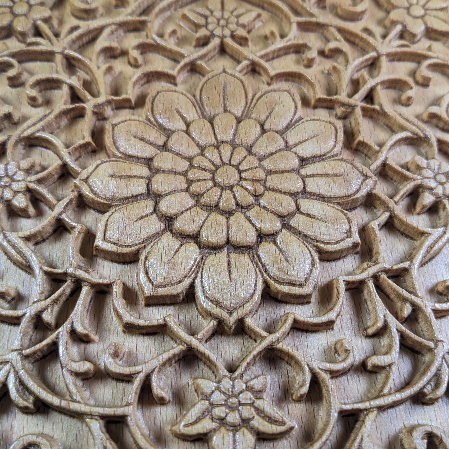 Persian Rug Medallion – 3D Wood Carved Wall Art in Beech - Floral Square Relief - Made in USA