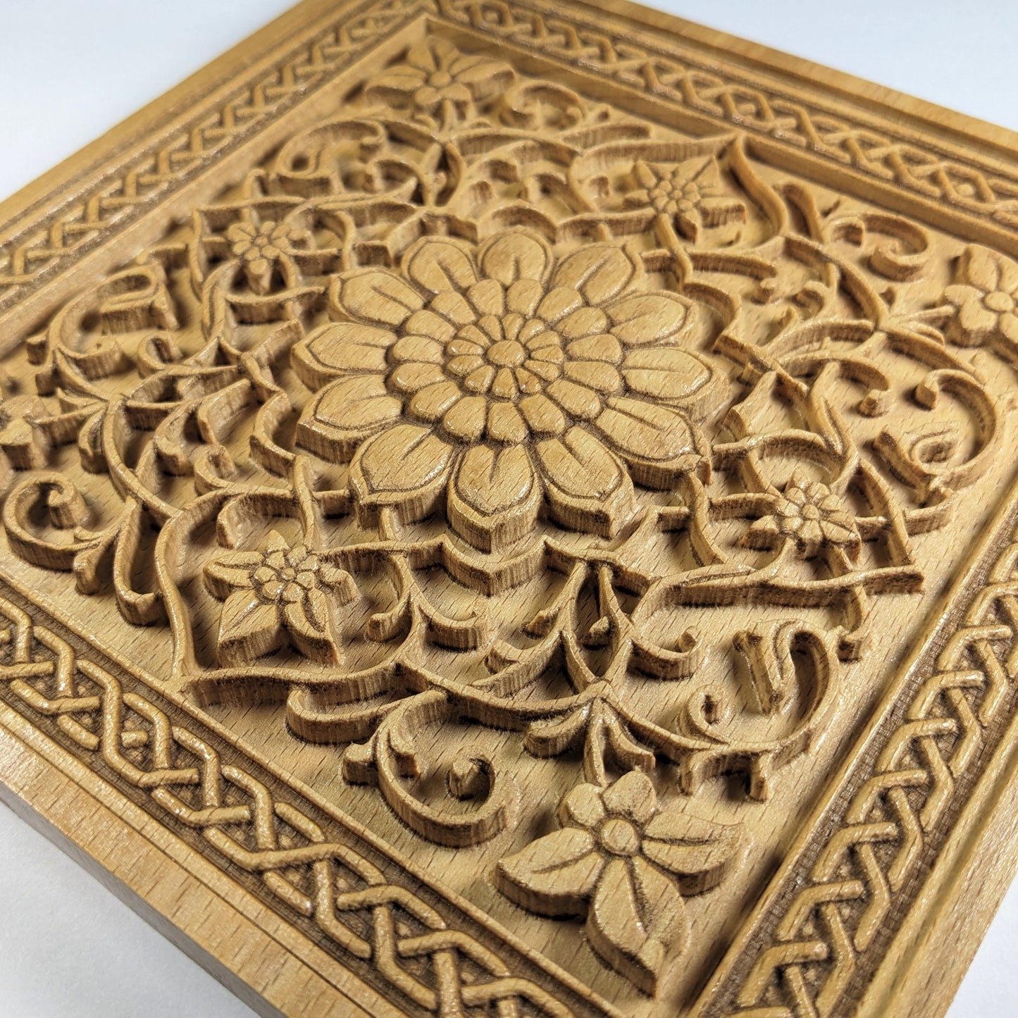 Persian Rug Medallion – 3D Wood Carved Wall Art in Beech - Floral Square Relief - Made in USA