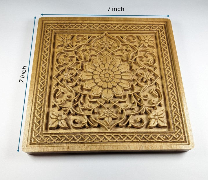 Persian Rug Medallion – 3D Wood Carved Wall Art in Beech - Floral Square Relief - Made in USA
