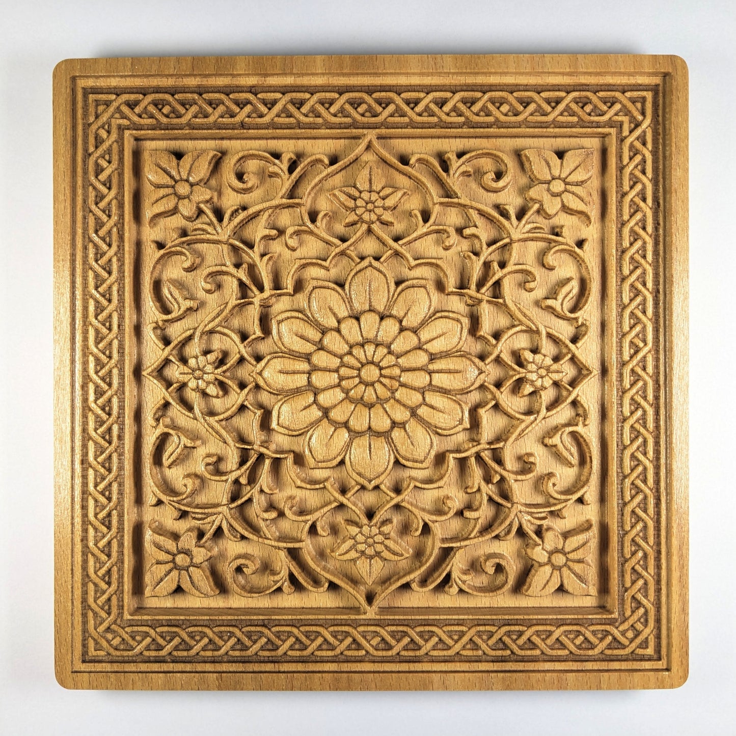 Persian Rug Medallion – 3D Wood Carved Wall Art in Beech - Floral Square Relief - Made in USA