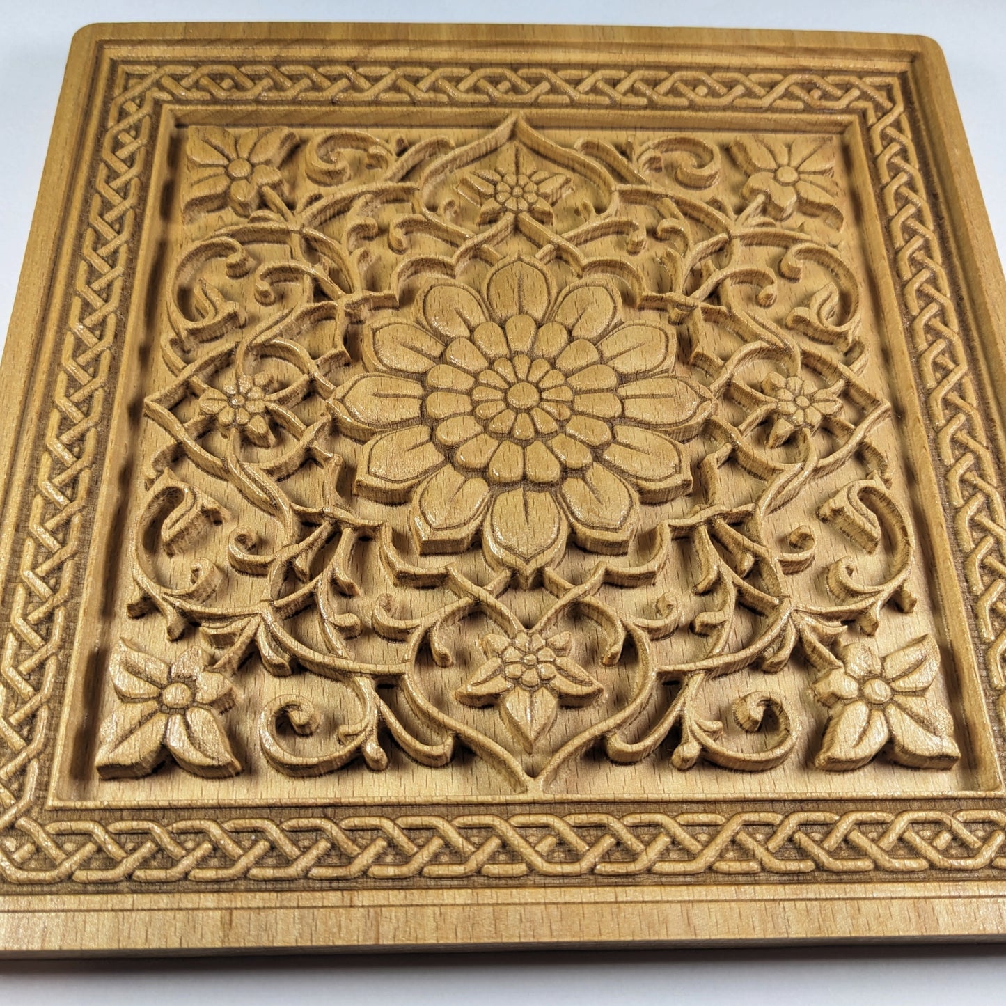 Persian Rug Medallion – 3D Wood Carved Wall Art in Beech - Floral Square Relief - Made in USA