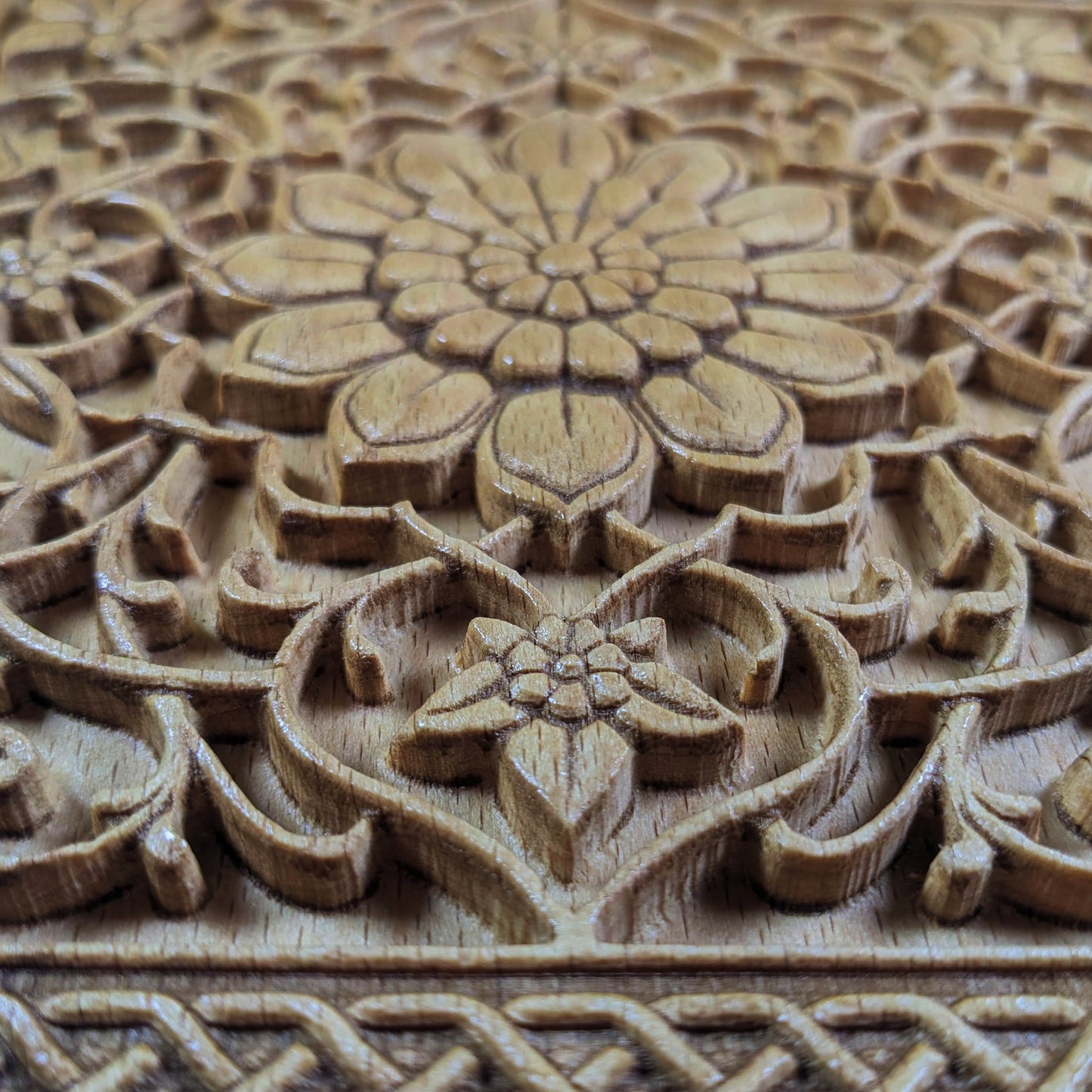 Persian Rug Medallion – 3D Wood Carved Wall Art in Beech - Floral Square Relief - Made in USA