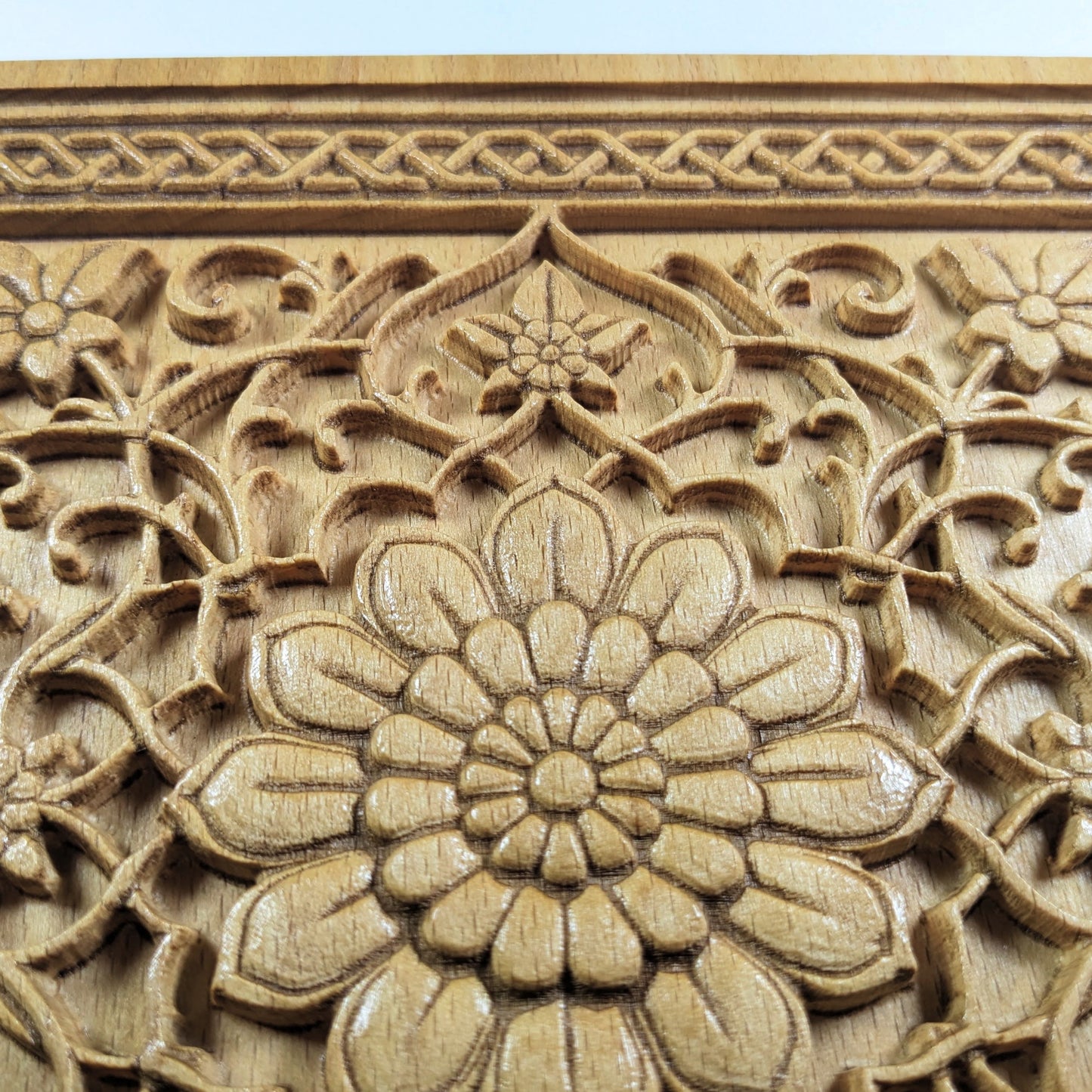 Persian Rug Medallion – 3D Wood Carved Wall Art in Beech - Floral Square Relief - Made in USA