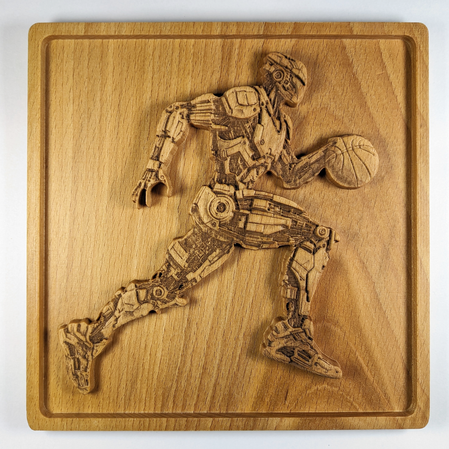 Futuristic Robot Basketball 3D Wood Wall Art – Handmade Sci-Fi Decor – Beech Wood Gift – Made in USA