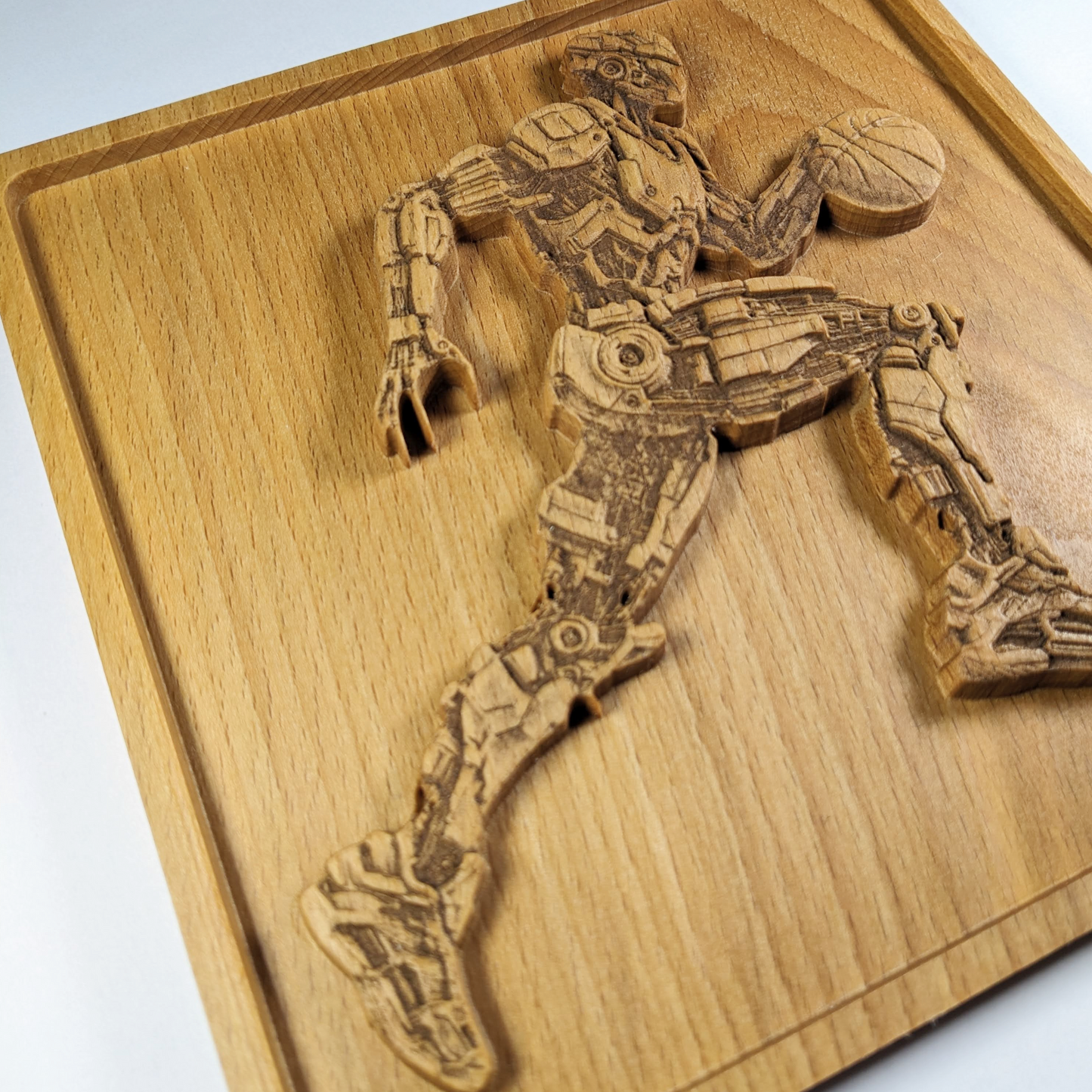Futuristic Robot Basketball 3D Wood Wall Art – Handmade Sci-Fi Decor – Beech Wood Gift – Made in USA