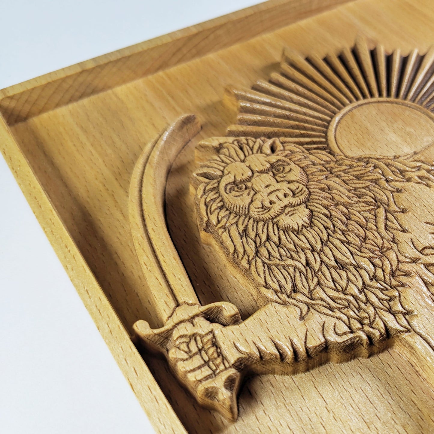 Lion & Sun 3D Wood Wall Art – Persian Symbol Relief – Handmade Gift – Historical Decor – Made in USA
