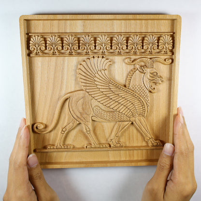 Achaemenid Winged Lion Wood Relief, Persepolis Persian Griffin Wall Art