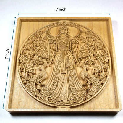 7 by 7 inch Anahita wood relief size guide showing the Persian goddess, peacocks, floral details, square frame, and natural wood finish.