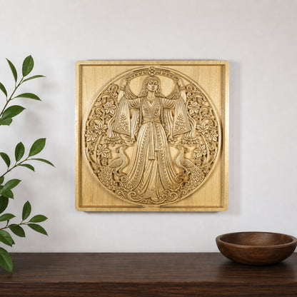 Anahita wood relief displayed on a wall above a shelf, showing how the Persian goddess carving looks in a modern interior.