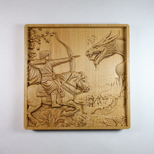 Garshasp and Azhdaha Wood Relief, Persian Mythology Art, Dragon Battle Scene