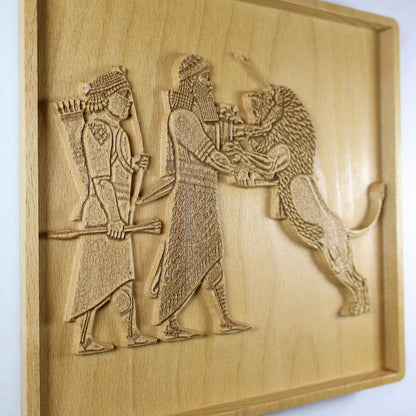 Assyrian Lion Hunt Wood Relief, Mesopotamian King and Lion Wall Art