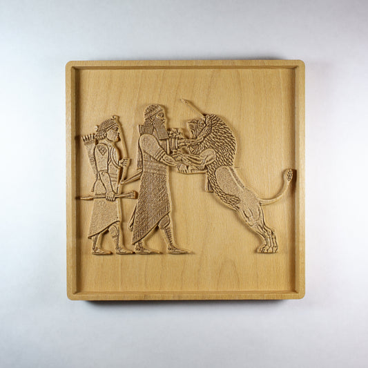 Assyrian Lion Hunt Wood Relief, Mesopotamian King and Lion Wall Art