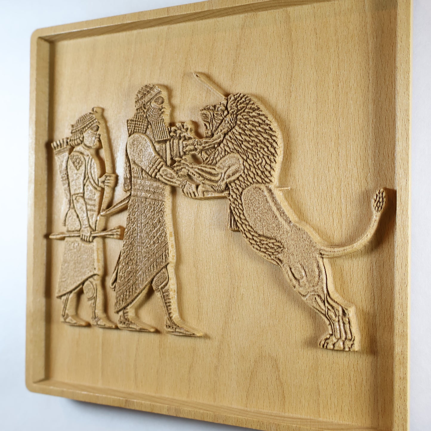 Assyrian Lion Hunt Wood Relief, Mesopotamian King and Lion Wall Art