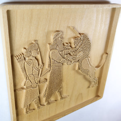 Assyrian Lion Hunt Wood Relief, Mesopotamian King and Lion Wall Art