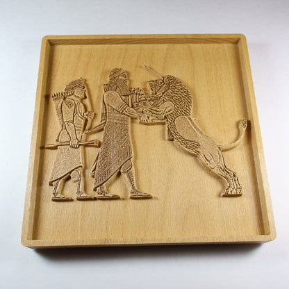 Assyrian Lion Hunt Wood Relief, Mesopotamian King and Lion Wall Art