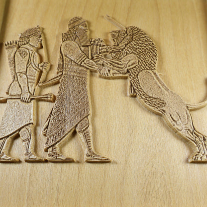 Assyrian Lion Hunt Wood Relief, Mesopotamian King and Lion Wall Art