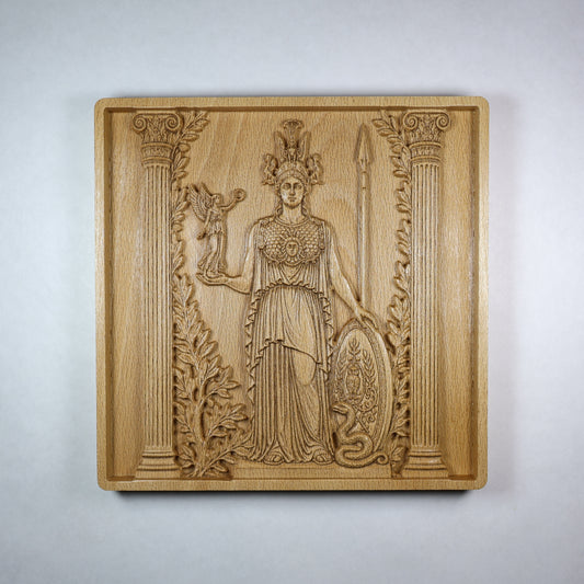 Front view of an Athena wood relief showing the Greek goddess with helmet, spear, shield, owl, olive branches, and classical carved details.