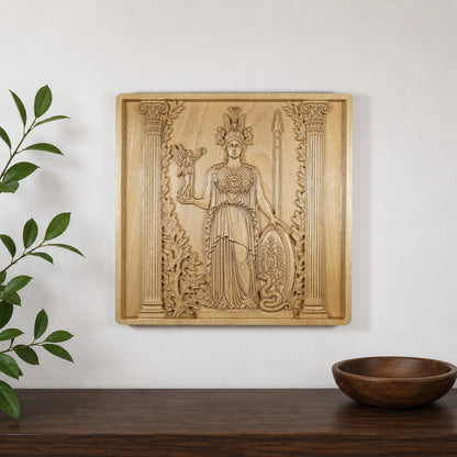 Athena wood relief displayed on a wall above a shelf, showing how the Greek mythology carving looks in a modern interior.