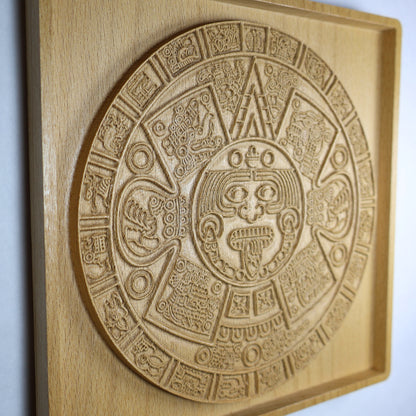 Aztec Sun Stone Wood Relief, Tonatiuh Medallion Wall Art, Carved Decor