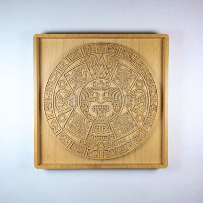 Aztec Sun Stone Wood Relief, Tonatiuh Medallion Wall Art, Carved Decor