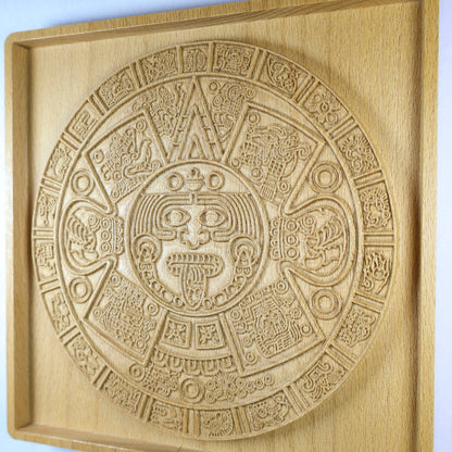 Aztec Sun Stone Wood Relief, Tonatiuh Medallion Wall Art, Carved Decor