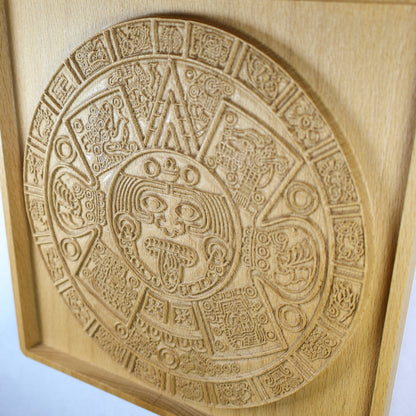 Aztec Sun Stone Wood Relief, Tonatiuh Medallion Wall Art, Carved Decor