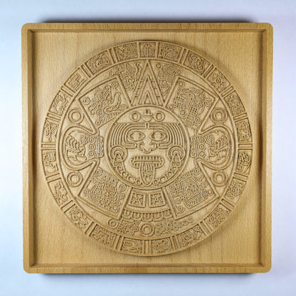 Aztec Sun Stone Wood Relief, Tonatiuh Medallion Wall Art, Carved Decor