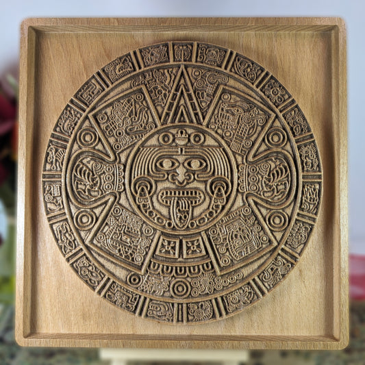 Beech Wood Aztec Sun Stone Carving, Tonatiuh Medallion Wall Art