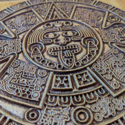 Aztec Sun Stone Wood Relief, Tonatiuh Medallion Wall Art, Carved Decor
