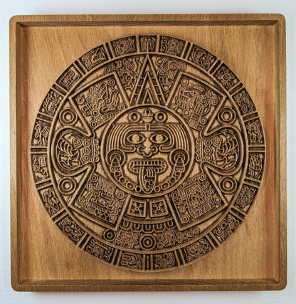 Aztec Sun Stone Wood Relief, Tonatiuh Medallion Wall Art, Carved Decor