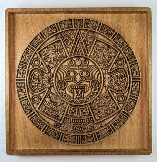 Aztec Sun Stone Wood Relief, Tonatiuh Medallion Wall Art, Carved Decor