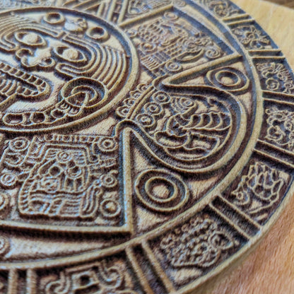 Aztec Sun Stone Wood Relief, Tonatiuh Medallion Wall Art, Carved Decor