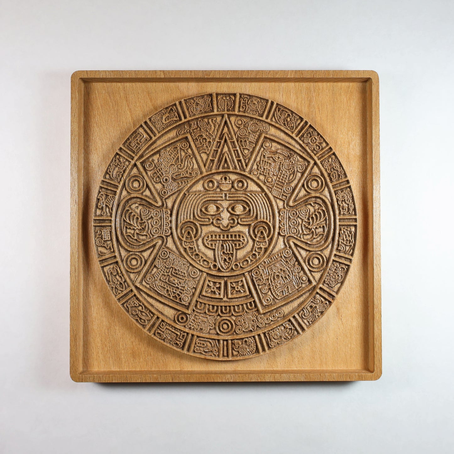 Aztec Sun Stone Wood Relief, Tonatiuh Medallion Wall Art, Carved Decor