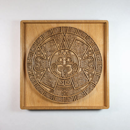 Aztec Sun Stone Wood Relief, Tonatiuh Medallion Wall Art, Carved Decor
