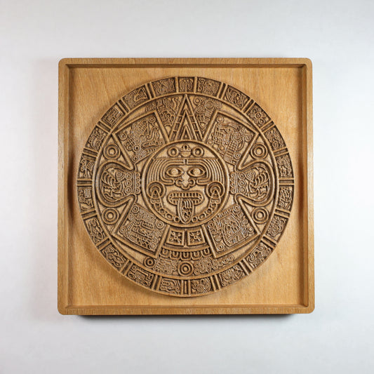 Aztec Sun Stone Wood Relief, Tonatiuh Medallion Wall Art, Carved Decor